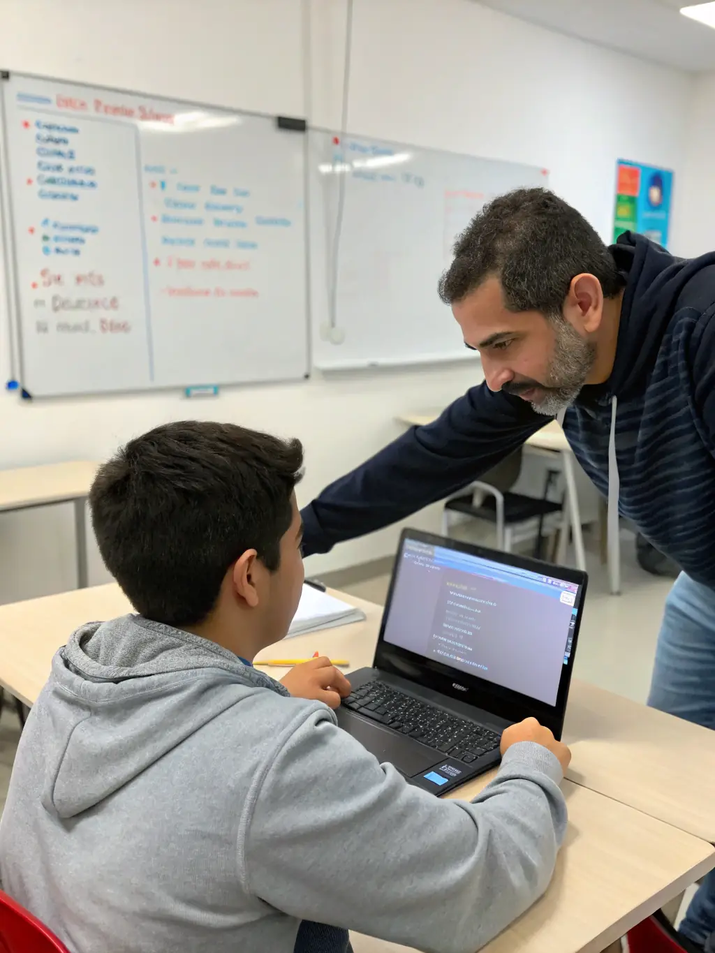 An experienced instructor guiding students through a complex coding problem, emphasizing personalized support and mentorship at TechBridge Academy.
