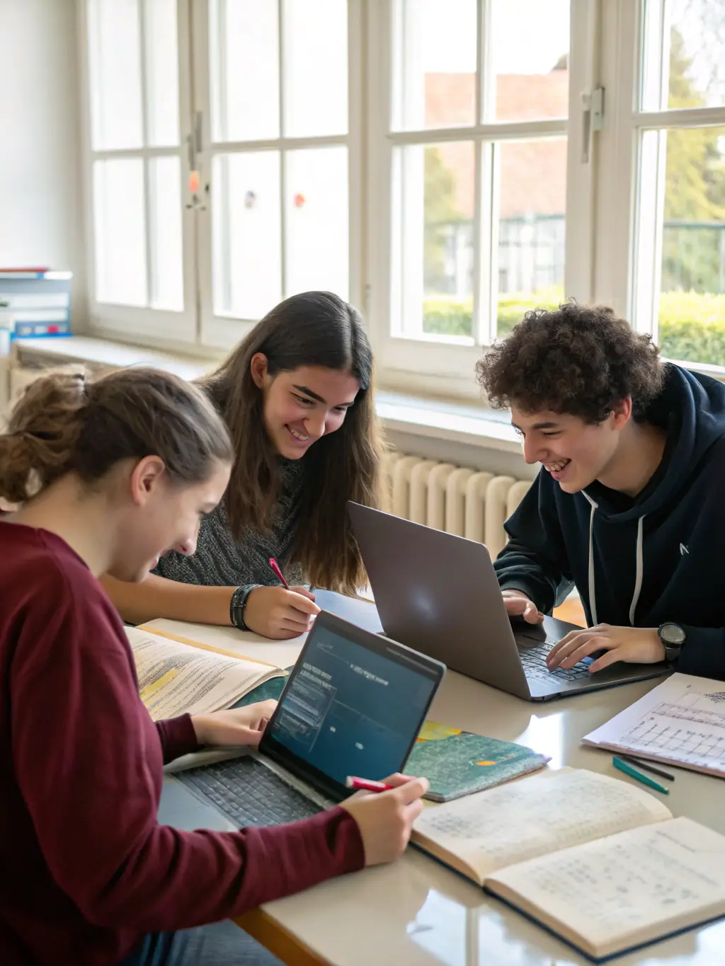 A diverse group of students collaborating on a coding project, showcasing teamwork and a supportive learning environment at TechBridge Academy.