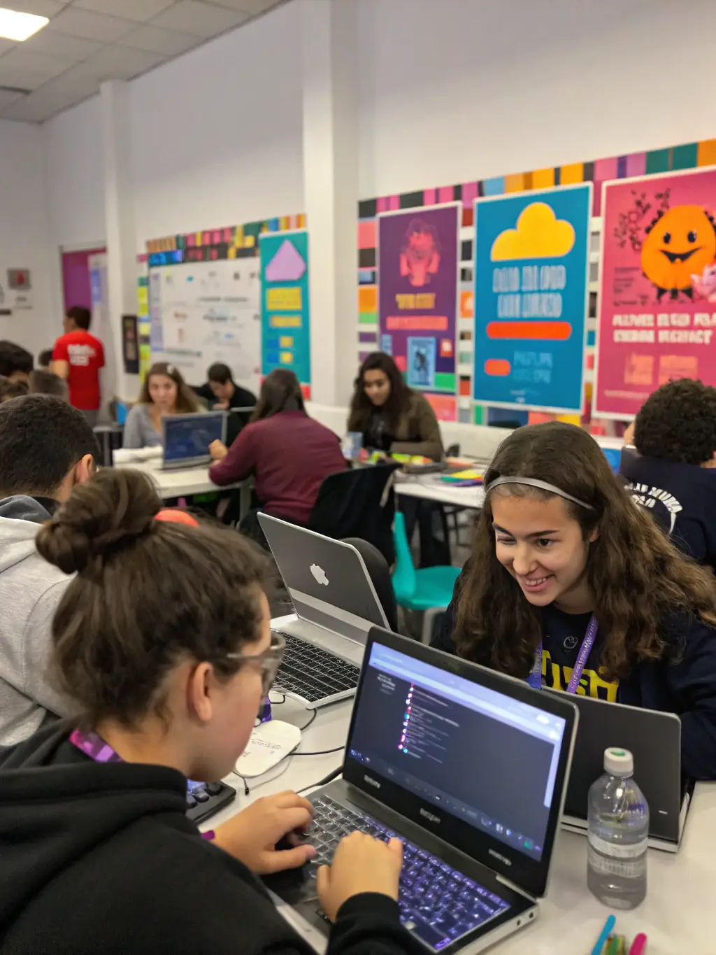 A group of students collaborating on a coding project, using multiple screens and discussing solutions in a collaborative environment.