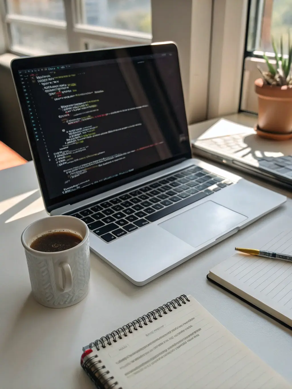 A close-up shot of a laptop screen displaying Python code, with a focus on readability and syntax highlighting, in a brightly lit, modern workspace.