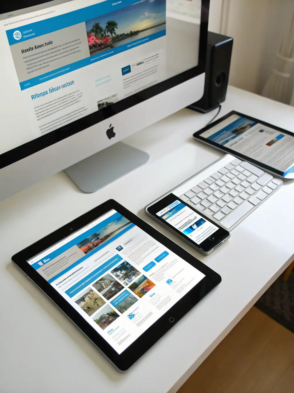 An image of a web page with HTML and CSS code, showcasing a responsive design across different devices (desktop, tablet, mobile).