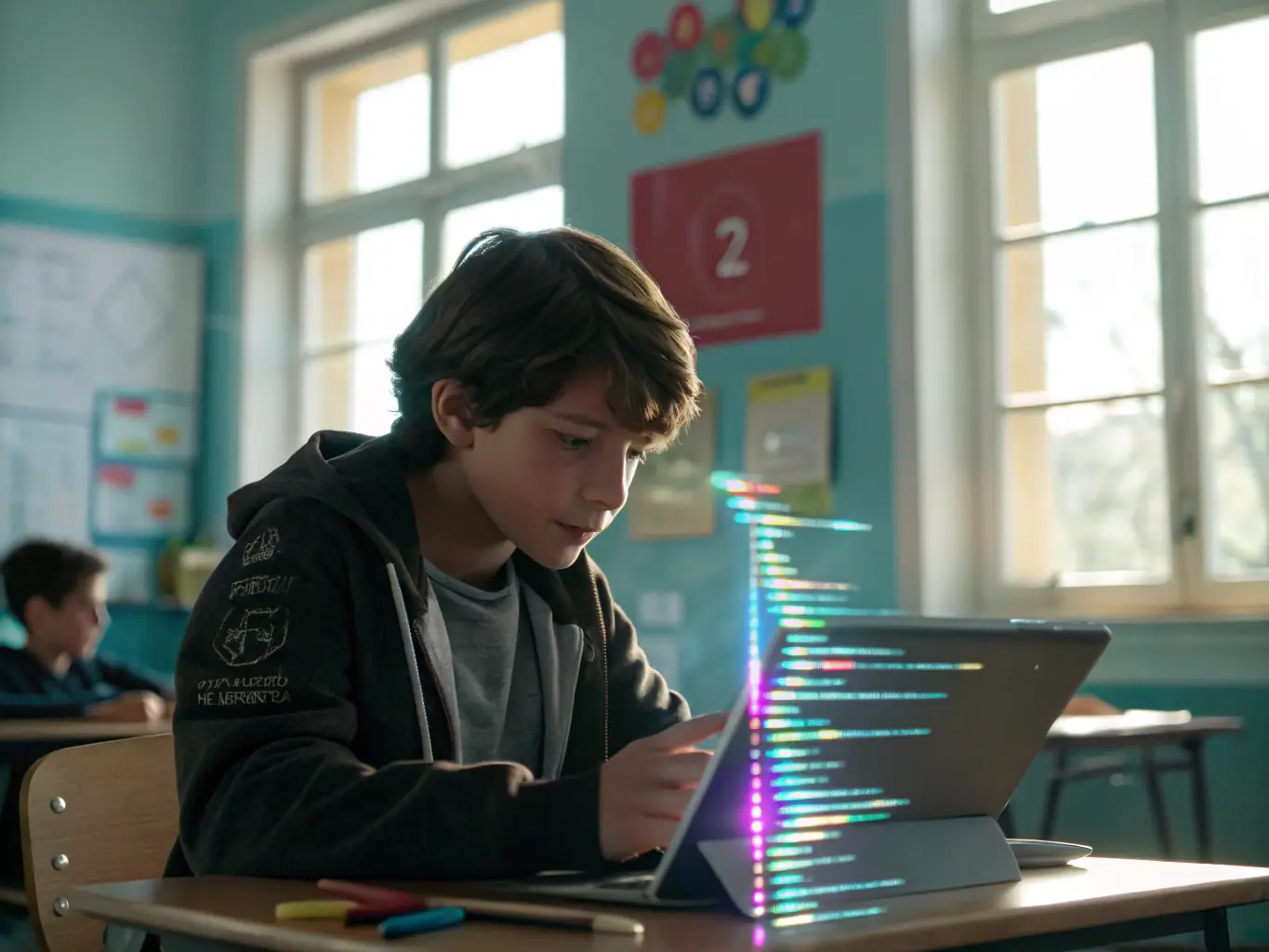 A student is enthusiastically coding on a laptop in a modern, well-lit classroom setting. The focus is on the screen displaying lines of code, with the student's hands actively typing. The background includes other students collaborating and instructors providing guidance, creating a vibrant and engaging learning environment.