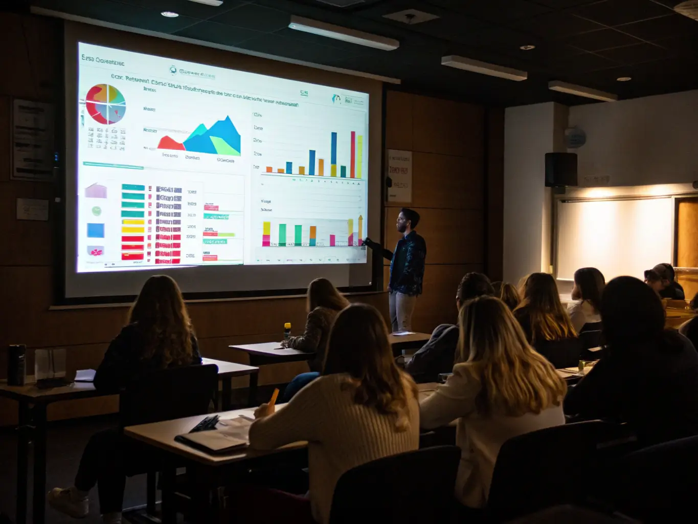 An instructor is leading a workshop on data science, using a large interactive display to present data visualizations and machine learning concepts. The students are actively participating, asking questions and engaging with the material. The scene emphasizes hands-on learning and practical application of data science techniques.