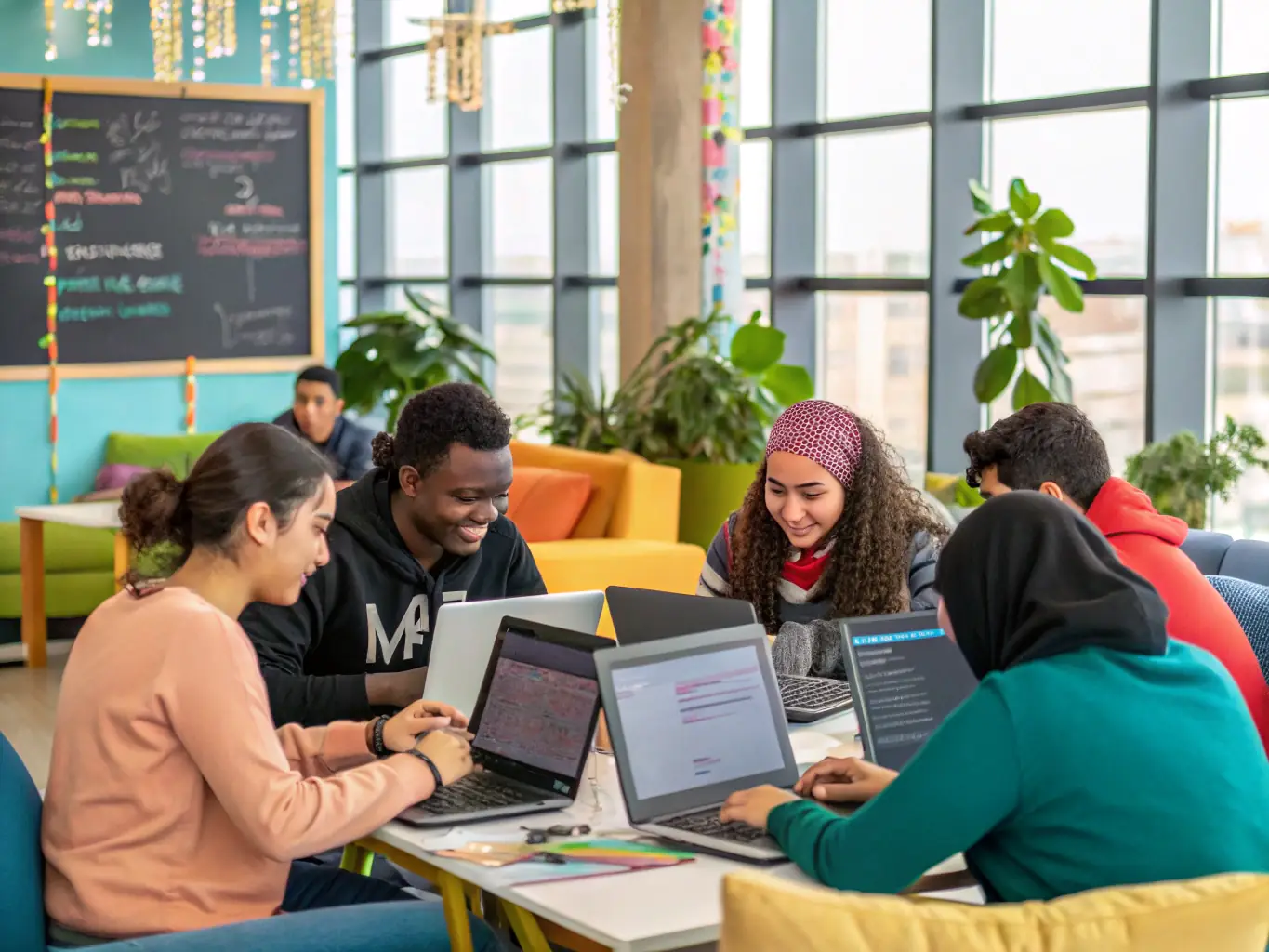 A group of diverse students are working together on a software development project, using multiple monitors and collaborating on code. The setting is a modern office space with collaborative tables and whiteboards filled with diagrams and notes. The atmosphere is energetic and focused, highlighting teamwork and problem-solving.